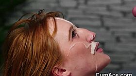 Foxy bombshell swallows cum load on her face