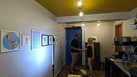 Blonde slut gives blowjob and anal backstage in interracial porn.