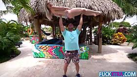 Tiny blonde babe Britt Bliar hides in the backyard