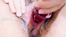 Webcam Chinese Teen Slut Masturbates with Crystal Rod, Showing 36D Tits and Creamy Hole