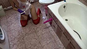 sexy nurse roleplay with dildo in homemade medical fetish scene featuring juicy pawg