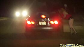 Does black dude lick cop's shaved pussy?