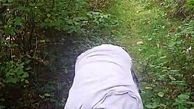 Skinny hairy girl pees outdoors in narrative