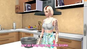 Blonde Bent Over in 3D Cartoon Home Scene