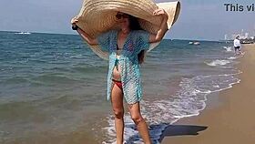 Huge hat public beach pussy and tits flash, close up outdoor.