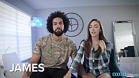 Small tits Dani Blu enjoys hard dicking on sofa from big dick James Angel 😍💦