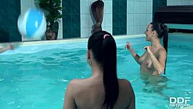 three stunning bombshells share one cock in the pool