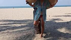 Huge hat public beach pussy and tits flash, close up outdoor.