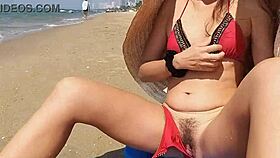 Huge hat public beach pussy and tits flash, close up outdoor.