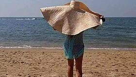 Huge hat public beach pussy and tits flash, close up outdoor.