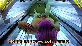Blonde Teen 18+ Fingers Herself in Public Solarium Voyeur Scene