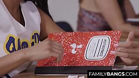 horney cheerleader ember snow gets licked and kissed by teacher ashley adams in classroom detention leading to orgasm