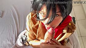 Blonde Cosplay Mikasa Blows And Rides Monster Cock