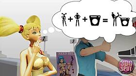 Two busty lesbians experiment with double dildo in public store