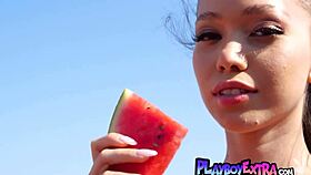 Big Boobed Asian Kit Rysha Strips Naked for Juicy Melon Outdoors