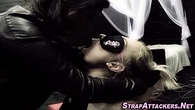 A mistress guides a blindfolded babe in a gentle fingering session