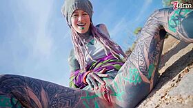 Tattooed girl with pierced pussy gets anal fucked outdoors