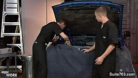 Gay mechanics engage in activities in the garage