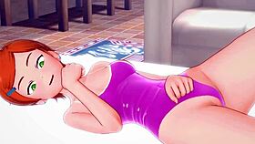 Gwen from Ben10 in bikini on bed learns new adult parody things