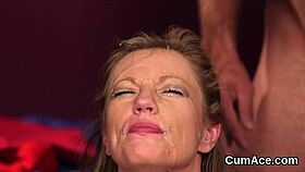unusual hottie gets cum shot on face, gulping all the love juice
