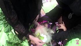 Three horny blondes climax intensely in outdoor orgy.