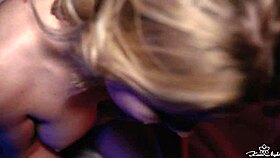 So this blonde with big tits was horny after the party, sucking and fucking hard, ending with a facial.