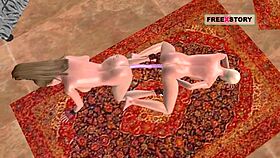 Animated lesbian girls kissing and fucking with double dildo