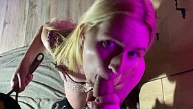 Blonde Housewife Gives Juicy Blowjob in Kitchen While Holding Frying Pan