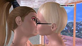 Animated lesbian girls kissing and fucking with double dildo