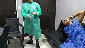 Horny gynecologist licks my shaved pussy during routine checkup