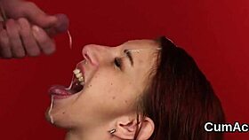 slutty babe takes jizz load on face after sucking every drop dry
