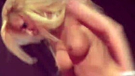 Hot flexible milf stepmom performs striptease on public stage. She uses dildo and rips clothes.