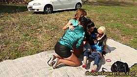 old babes indulge in golden shower fetish, getting wet