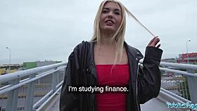 Hey, check out this hot blonde in a sexy red dress sucking dick in public.