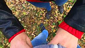 caught jerking off in risky public forest handjob