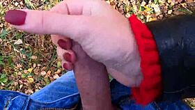 caught jerking off in risky public forest handjob