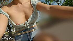 Wife flashes her big tits while riding bike nude in public streets