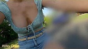 Wife flashes her big tits while riding bike nude in public streets