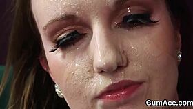 This nasty beauty gets a facial bukkake while sucking all the cum in pov.