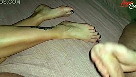 Stepson cums hard on stepmom's sexy feet!
