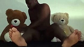 Enjoying Threesome With Brown And Caucasian Furry Toy Bears