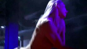 Skinny babes perform dildo show on public stage