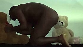 Enjoying Threesome With Brown And Caucasian Furry Toy Bears