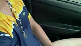 He jerks off his big cock while driving the car solo