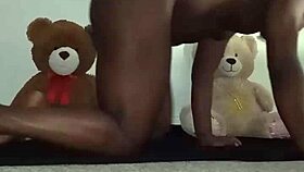 Enjoying Threesome With Brown And Caucasian Furry Toy Bears