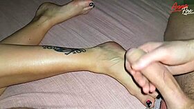 Stepson cums hard on stepmom's sexy feet!