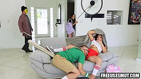 hot brunettes get freeused by a friend in creepy haunted house at halloween