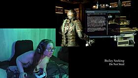 naked brunette plays deadspace part 2 with big natural tits