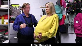 Young shoplifter faces domination from the police officer in the store.