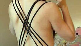 swimsuit try-on with naked brunette neighbors in costumes teasing in bath